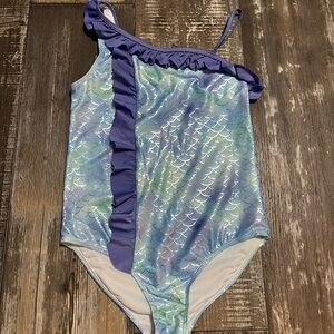 Girls One-Shoulder Ruffle Mermaid Print Swimsuit